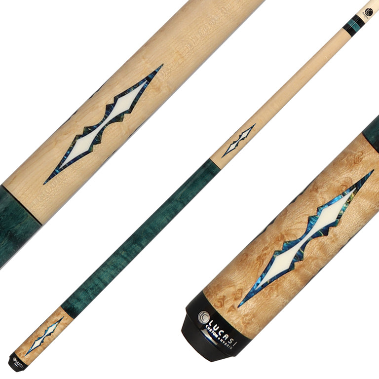 Lucasi Zero Flexpoint Natural Birdseye Maple with 4 Aquamarine Inlays and Teal Stained Birdseye Maple Wrapless Pool Cue - LZC59