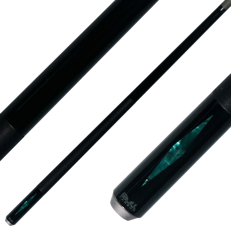 Bull Carbon Black with 2 Iridescent Turquoise Diamond Inlays Play Cue with Black Linen Wrap