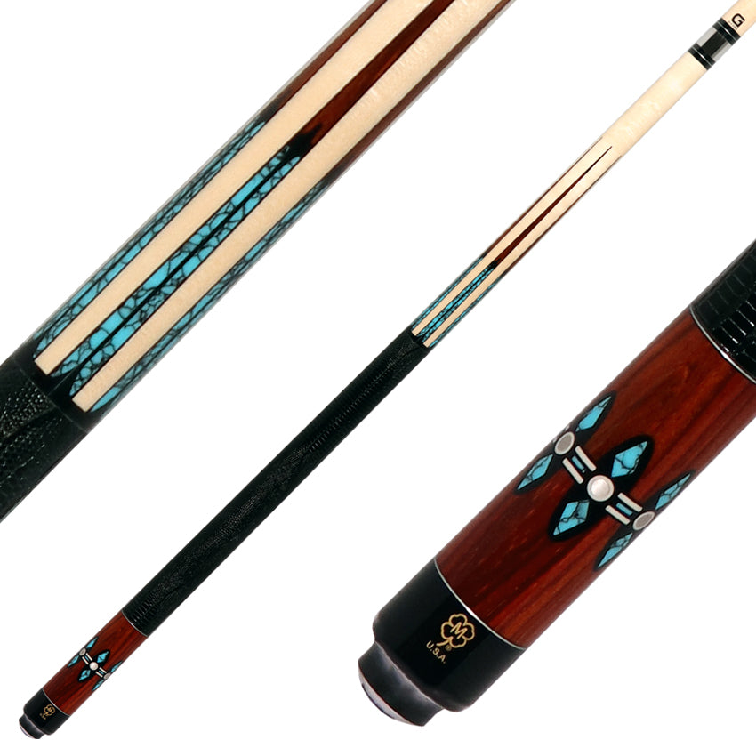 McDermott G606 G Series Pool Cue - Maple with 6 Turquoise/Cocobolo Points and Lizard Leather Wrap