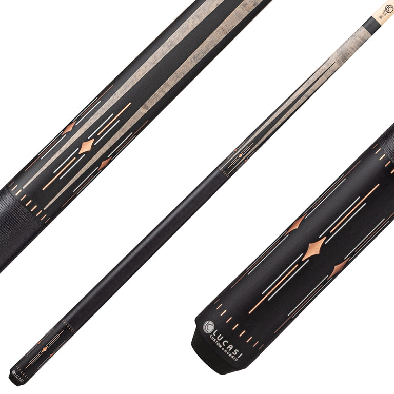 Lucasi Hybrid LHF72 Pool Cue with Black Linen Wrap - Matte Charcoal Birdseye with White/Rose Gold Inlays