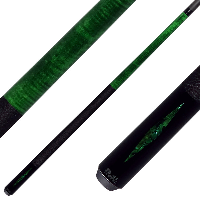 Bull Carbon Green Stained Maple with Green Genuine Shell Inlays Play Cue with Textured Leather Wrap