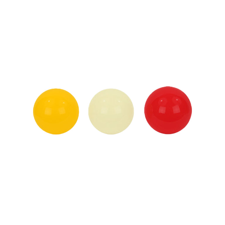Three colored balls (yellow, white, red) on a white background