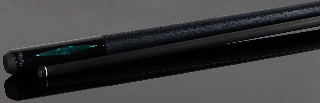 Bull Carbon Black with 2 Iridescent Turquoise Diamond Inlays Play Cue with Black Linen Wrap