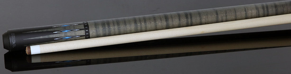 KODA KD55GY No Wrap Pool Cue - Black-Stained Maple with Gray Points and Blue Inlay Graphic