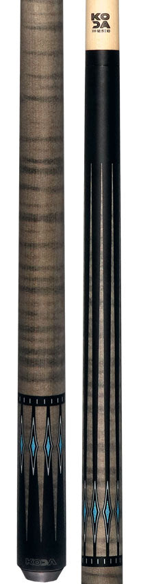 KODA KD55GY No Wrap Pool Cue - Black-Stained Maple with Gray Points and Blue Inlay Graphic