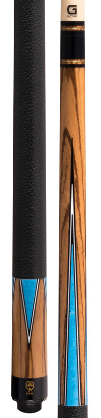 McDermott G1002 G Series Pool Cue - Zebrawood with Denim Blue Points and Textured Leather Wrap