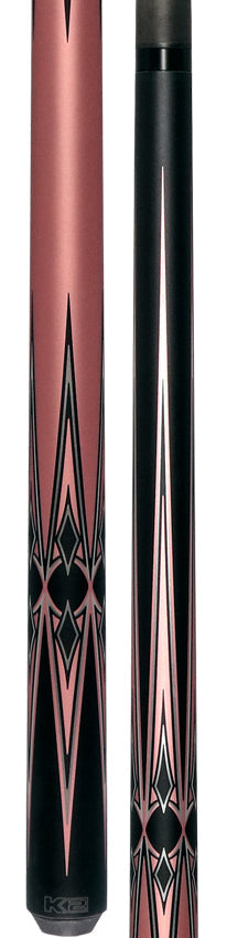 K2 Matte Metallic Pink with Black and Silver No Wrap Pool Cue with 12.65mm RK Carbon Fiber Shaft