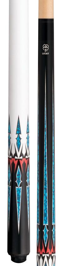 Lucky L81 No Wrap Pool Cue - Black with Blue / Red / White Graphic