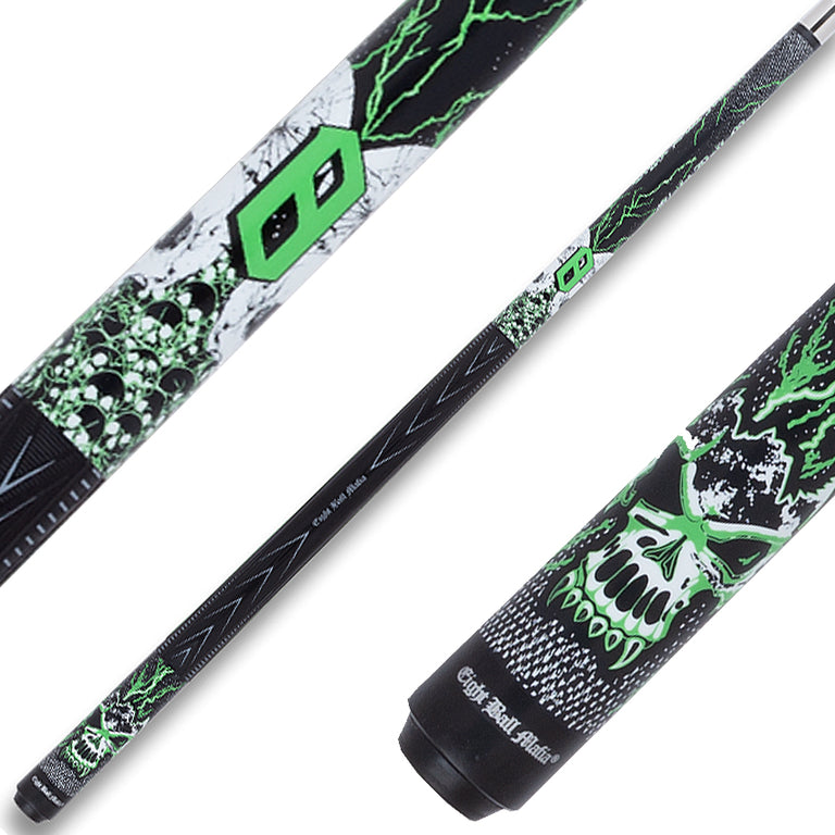 Eight Ball Mafia EBM23 Play Cue - Lime Green Lightning and Skulls