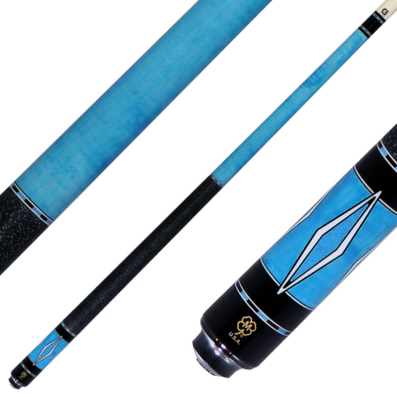 McDermott Sky Blue Stained Curly Maple with White Urethane Inlays Cue of the Month with G-Core Shaft