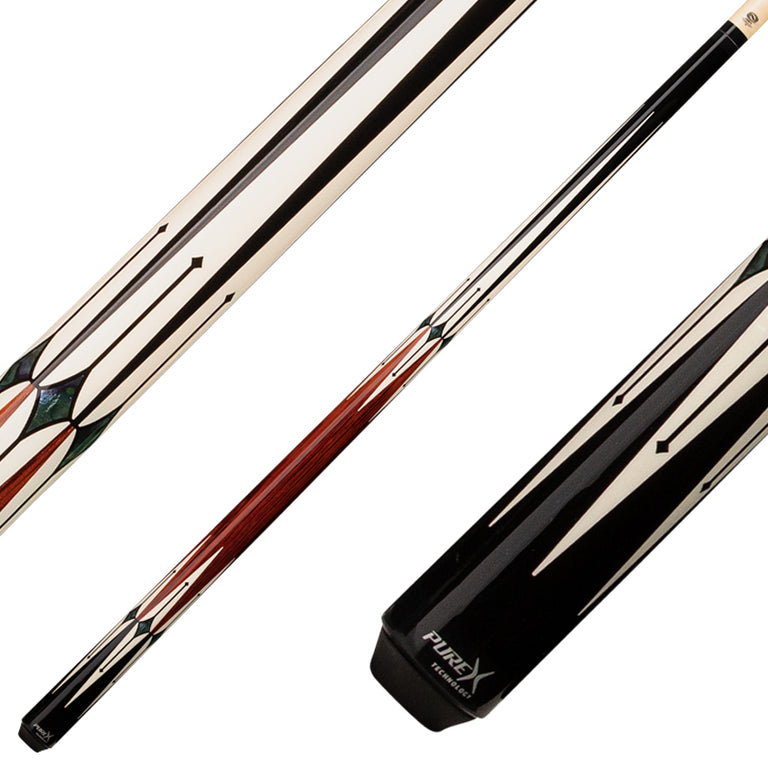 PureX Technology Pool Cue - Black 6 Pt. with Imitation Bone, Cocobolo and Abalone Diamond Insets Graphics - HXTE1
