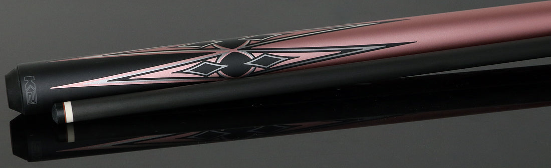 K2 Matte Metallic Pink with Black and Silver No Wrap Pool Cue with 12.65mm RK Carbon Fiber Shaft