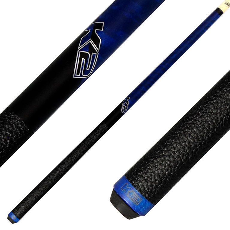 K2 Matte Blue-Stained Maple Play Cue with Leather Wrap and 11.75mm LD Shaft - KLCBL