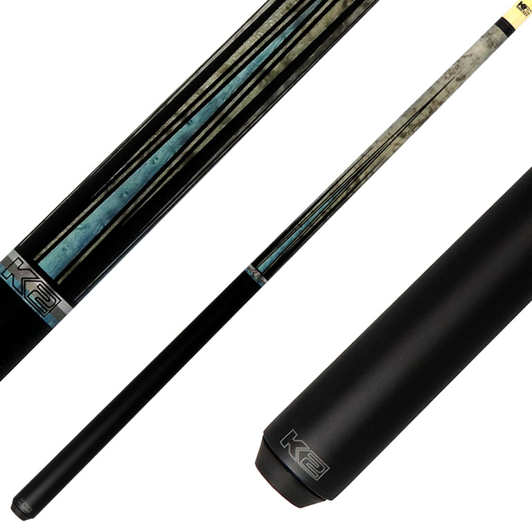 K2 KLLE1N No Wrap Graphic Pool Cue - Matte Gray-Stained Maple and Blue Points with 12.50mm LD Shaft