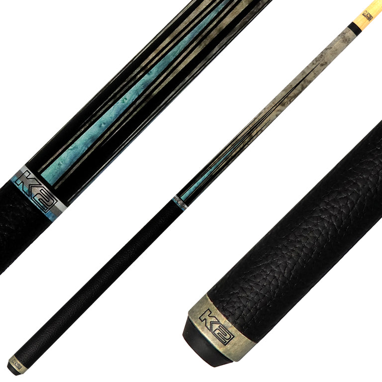 K2 KLLE1W Graphic Pool Cue with Leather Wrap - Matte Gray-Stained Maple and Blue Points Leather Wrap Pool Cue with 11.75 LD Shaft