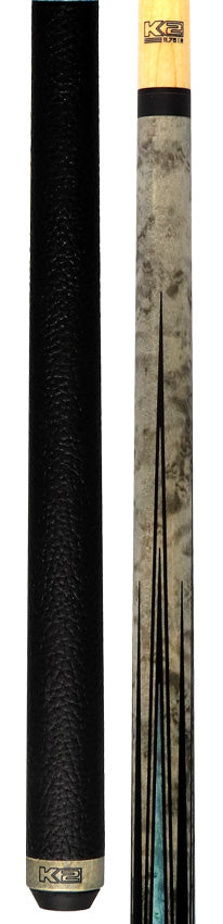 K2 KLLE1W Graphic Pool Cue with Leather Wrap - Matte Gray-Stained Maple and Blue Points Leather Wrap Pool Cue with 11.75 LD Shaft