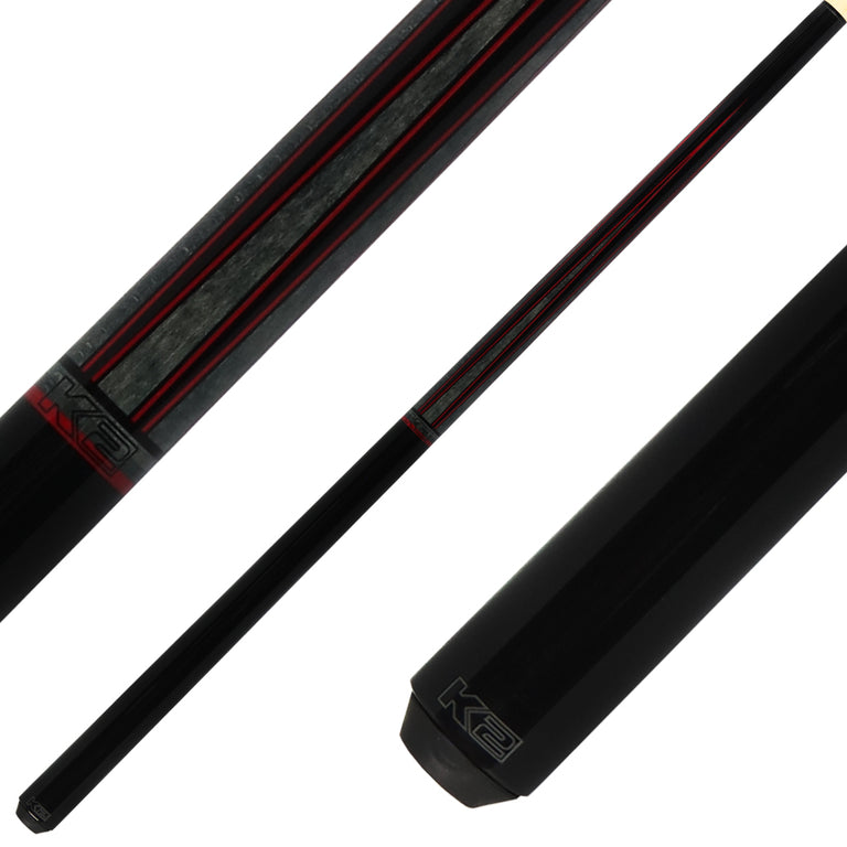 K2 KLLE2N No Wrap Graphic Pool Cue - Black with Gray/Red Points Graphic with 12.50mm LD Shaft -