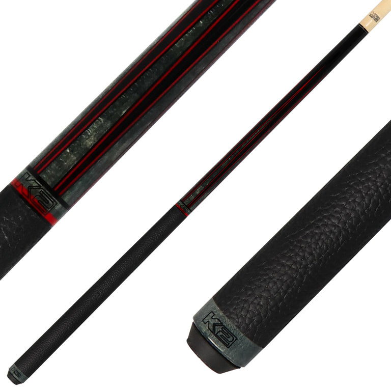 K2 KLLE2W Leather Wrap Pool Cue - Black Painted Maple and Gray/Red Points Graphic with 11.75mm LD Shaft