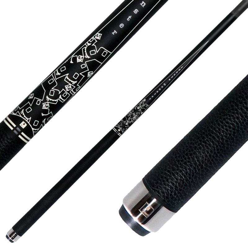 Little Monster Matte Black with 2 White Points Graphics Play Cue with Leather Wrap and Carbon Fiber Shaft