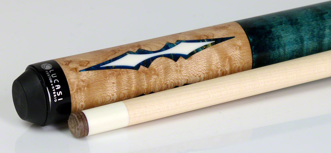 Lucasi Zero Flexpoint Natural Birdseye Maple with 4 Aquamarine Inlays and Teal Stained Birdseye Maple Wrapless Pool Cue - LZC59