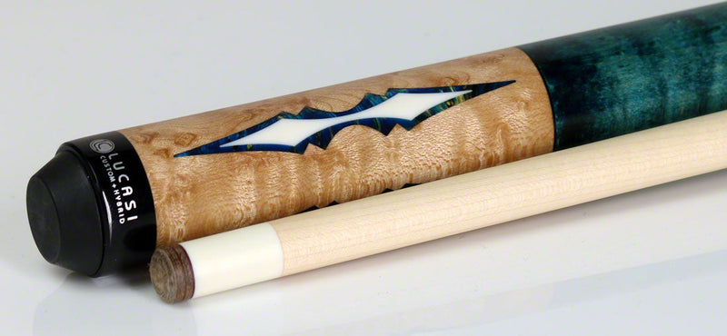 Lucasi Zero Flexpoint Natural Birdseye Maple with 4 Aquamarine Inlays and Teal Stained Birdseye Maple Wrapless Pool Cue - LZC59