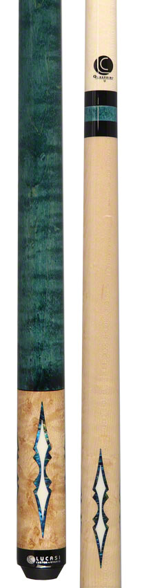 Lucasi Zero Flexpoint Natural Birdseye Maple with 4 Aquamarine Inlays and Teal Stained Birdseye Maple Wrapless Pool Cue - LZC59