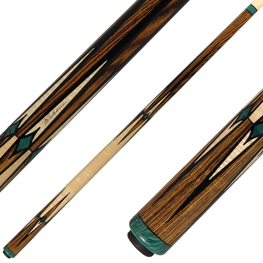 J Pechauer P13R Pro Series Pool Cue - Bocote and Maple with Malachite Inlays