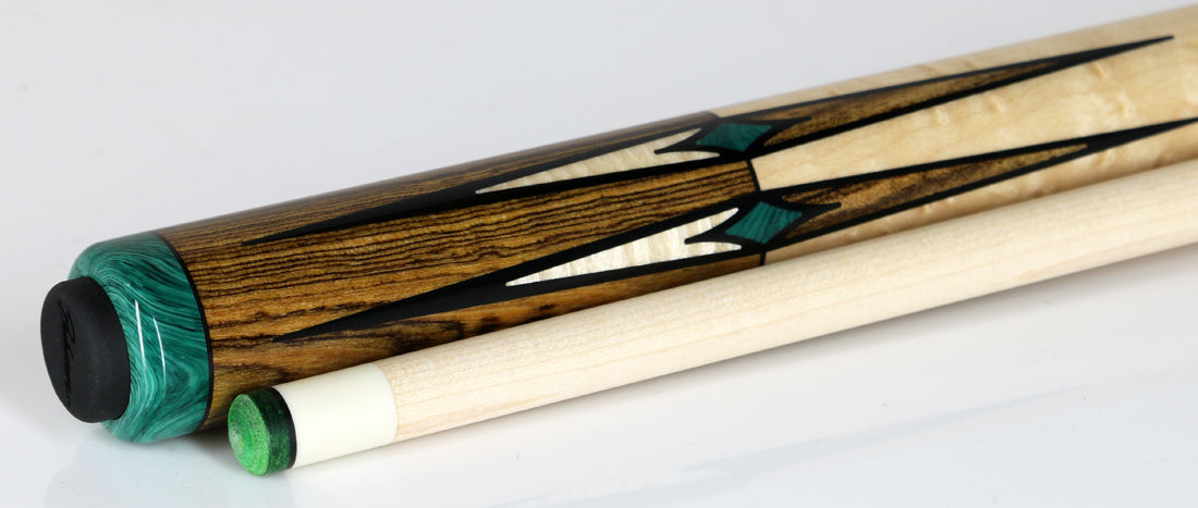 J Pechauer P13R Pro Series Pool Cue - Bocote and Maple with Malachite Inlays