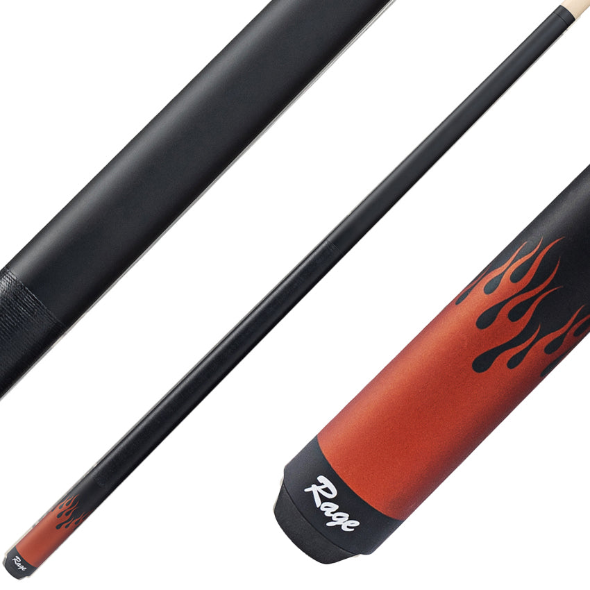 Rage RG52 Pool Cue with Black Linen Wrap - Matte Black Forearm and Orange Flames