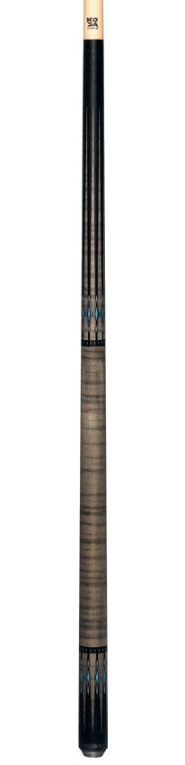 KODA KD55GY No Wrap Pool Cue - Black-Stained Maple with Gray Points and Blue Inlay Graphic