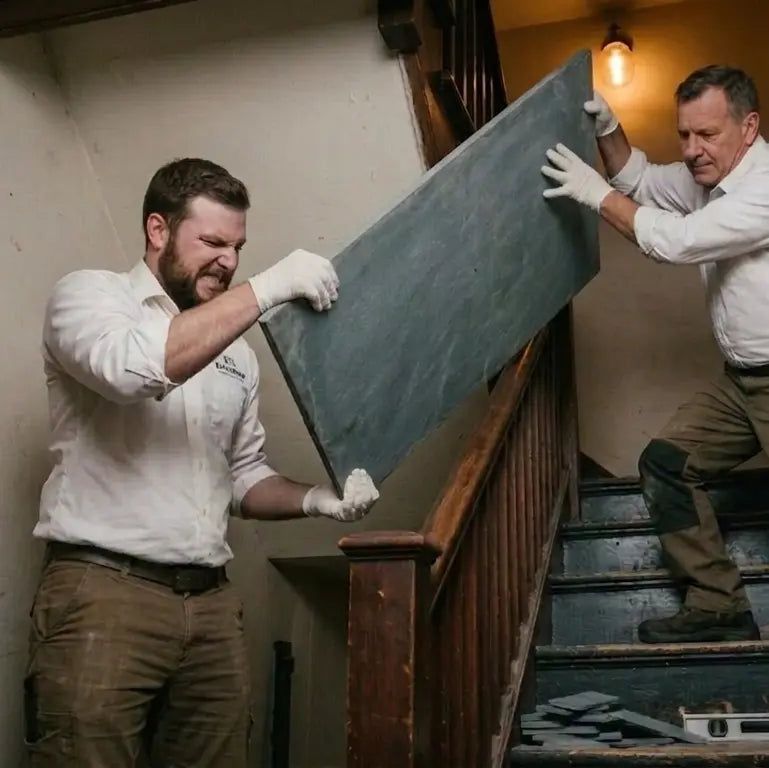 Men carrying pool table slate down a tight stairway.