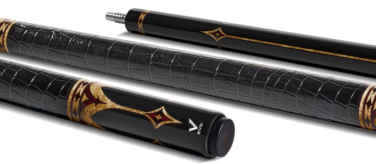 EVO Crown Royal Black Pool Cue with Black Crocodile Wrap