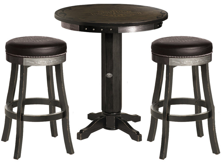 Harley Davidson Pub Table and Stools Set - Bar and Shield Flames Vintage Black