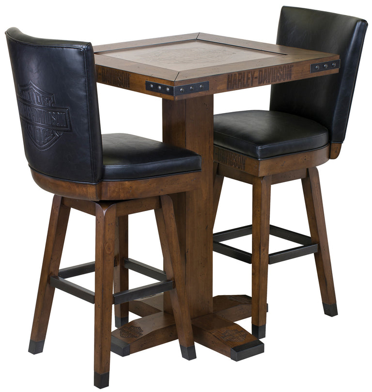 Harley Davidson Pub Table and Stools Set - Bar and Shield Square Table Set Industrial Rawhide Brown