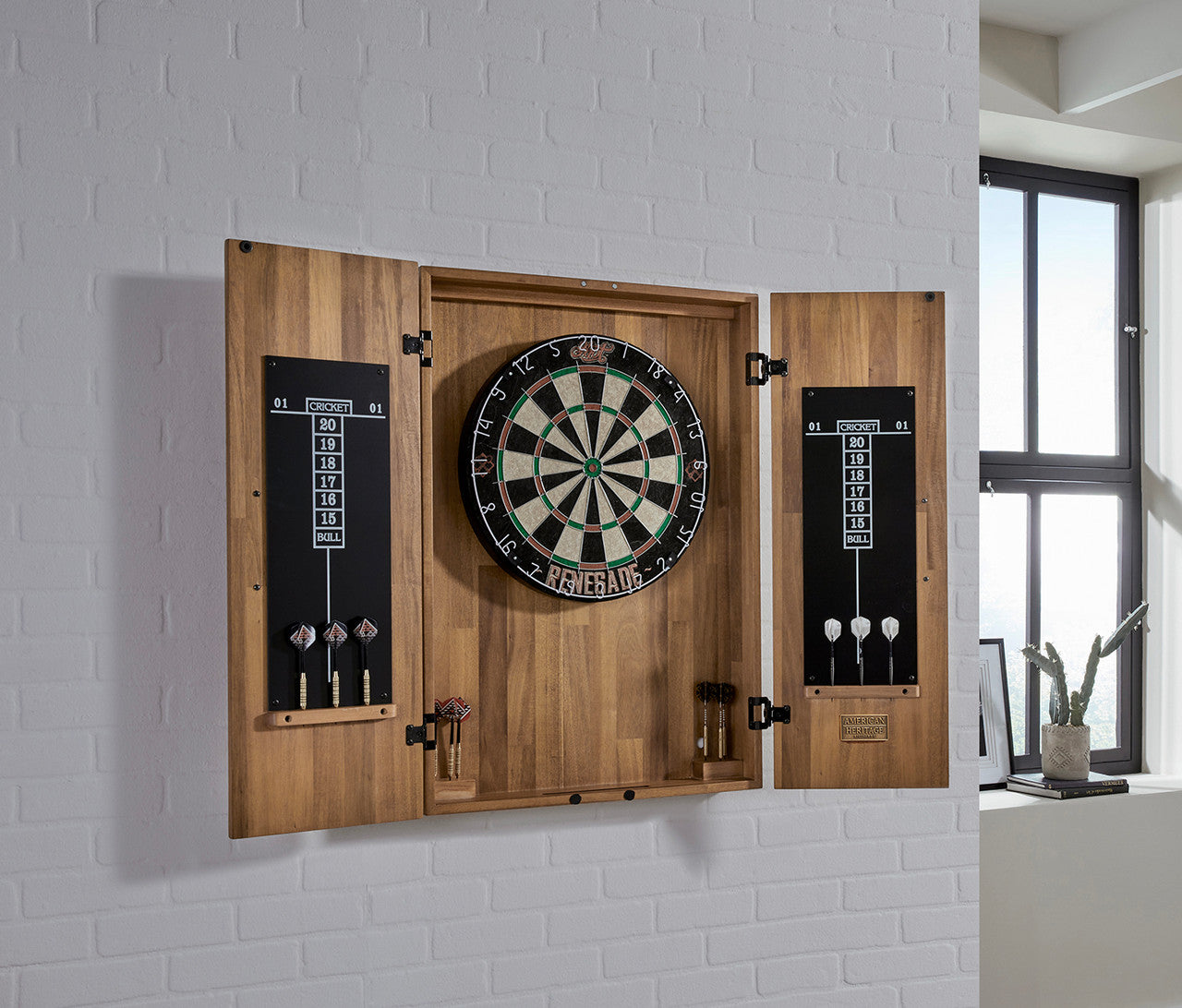 American Heritage Knoxville Wall Mount Dartboard Cabinet - Acacia Finish