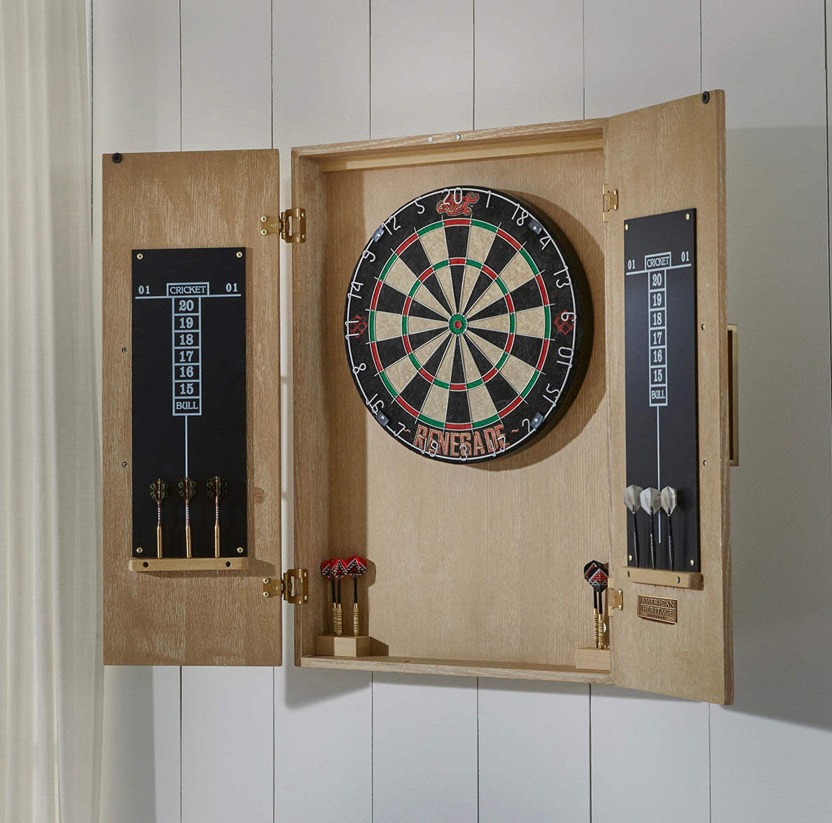 American Heritage Wall Mount Port Royal Dartboard Cabinet - White Oak