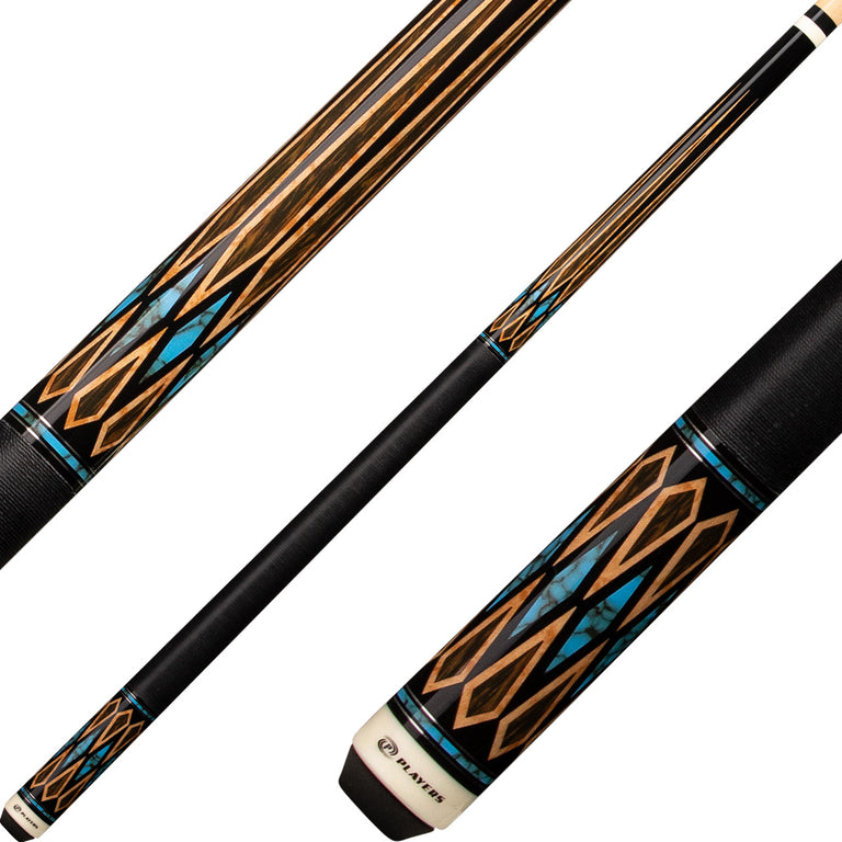 Players E2331 Exotic Series Pool Cue - Black and Antique Maple with Black Blue Recon Graphic