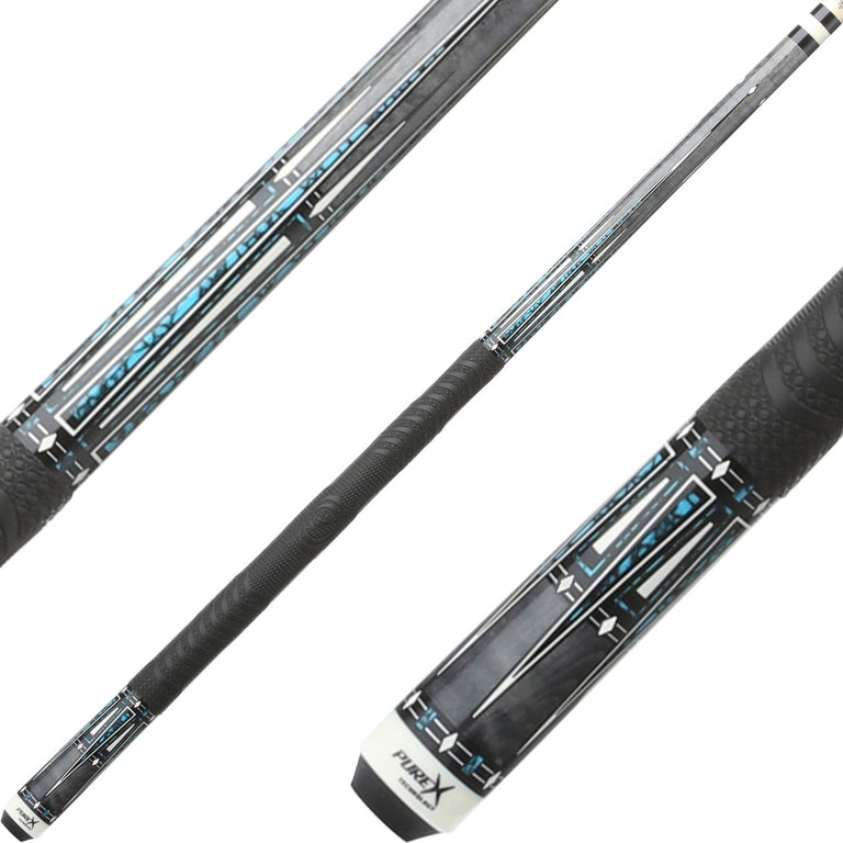 Pure X HXT69 Cue - Grey Stained Curly Maple with Imitation Bone and Blue Recon Graphic