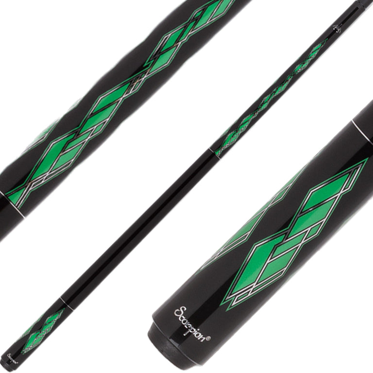 Scorpion SW21 Pool Cue - Black with Metallic Green Diamond Points