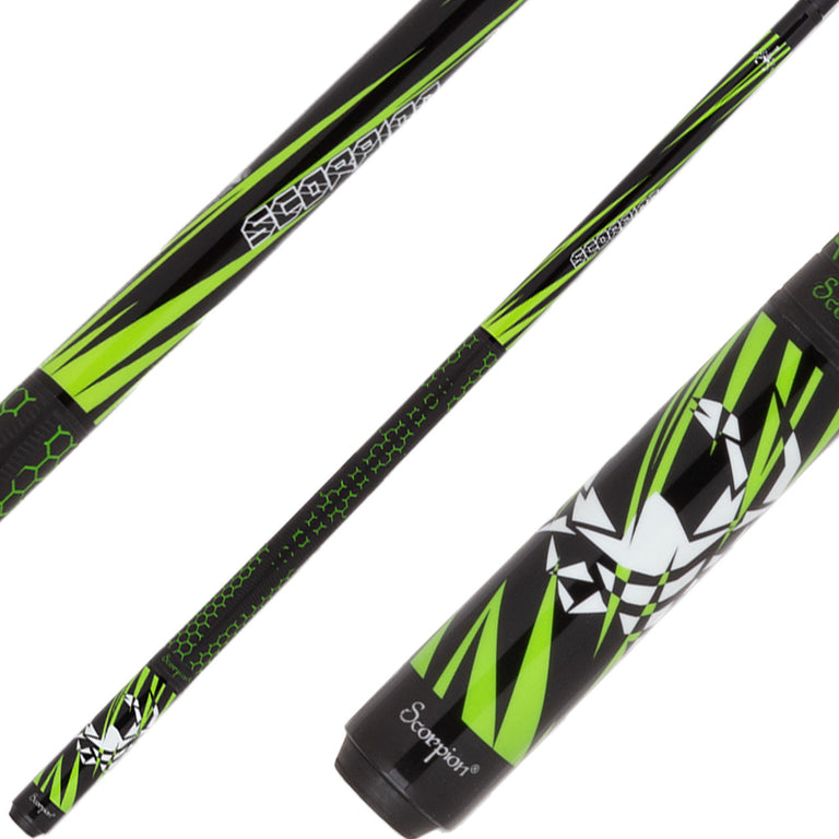 Scorpion SW33 Pool Cue - Black with Lime Green Slanted Points